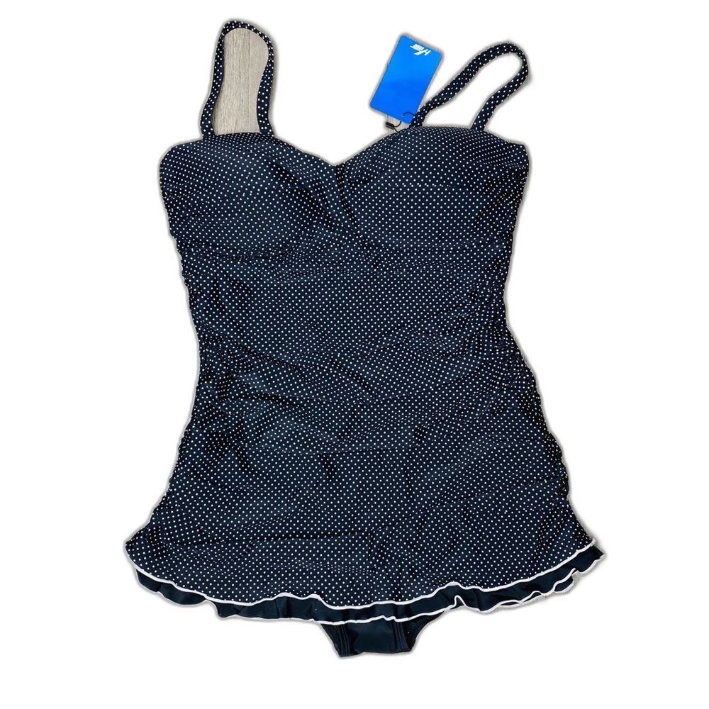Hilor Women’s Swimdress US 12 Polka Dot One Piece Ruffle Tummy Control Swimwear
